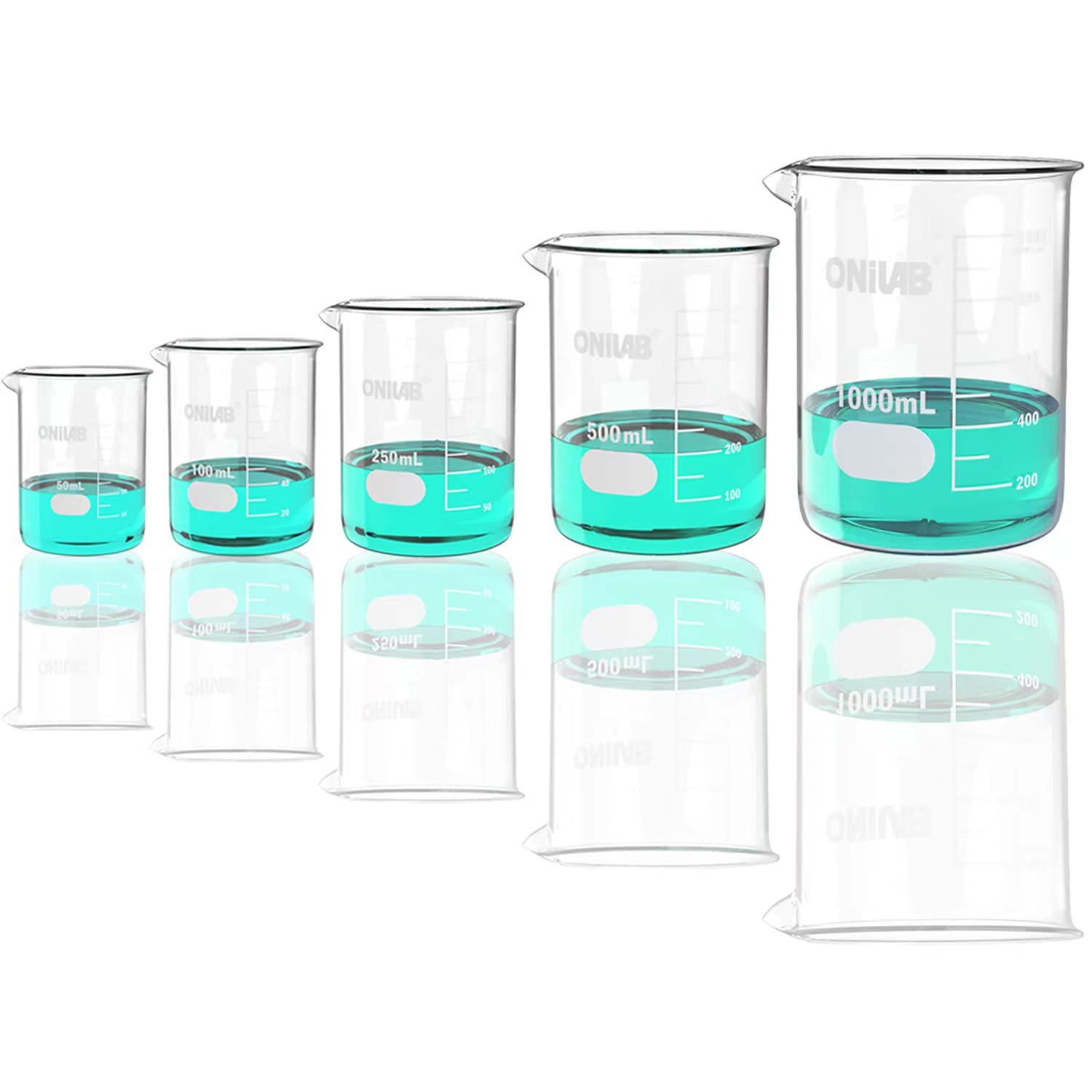Verre tasse à mesurer 50ml 100ml 250ml 500ml 1000ml (Pack de 5) 3.3 BORO Griffin Low form avec impression Graduate Science verrerie pour laboratoire, salle de classe ou à la maison