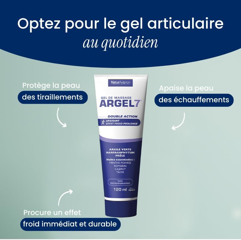 NaturAvignon Argel 7 gel de massage gênes articulaires et contracture musculaire - argile verte, harpagophytum - Creme massage genoux douleur dos - effet cryothérapie et relaxation - Tube 120mL 120 ml (Lot de 1)
