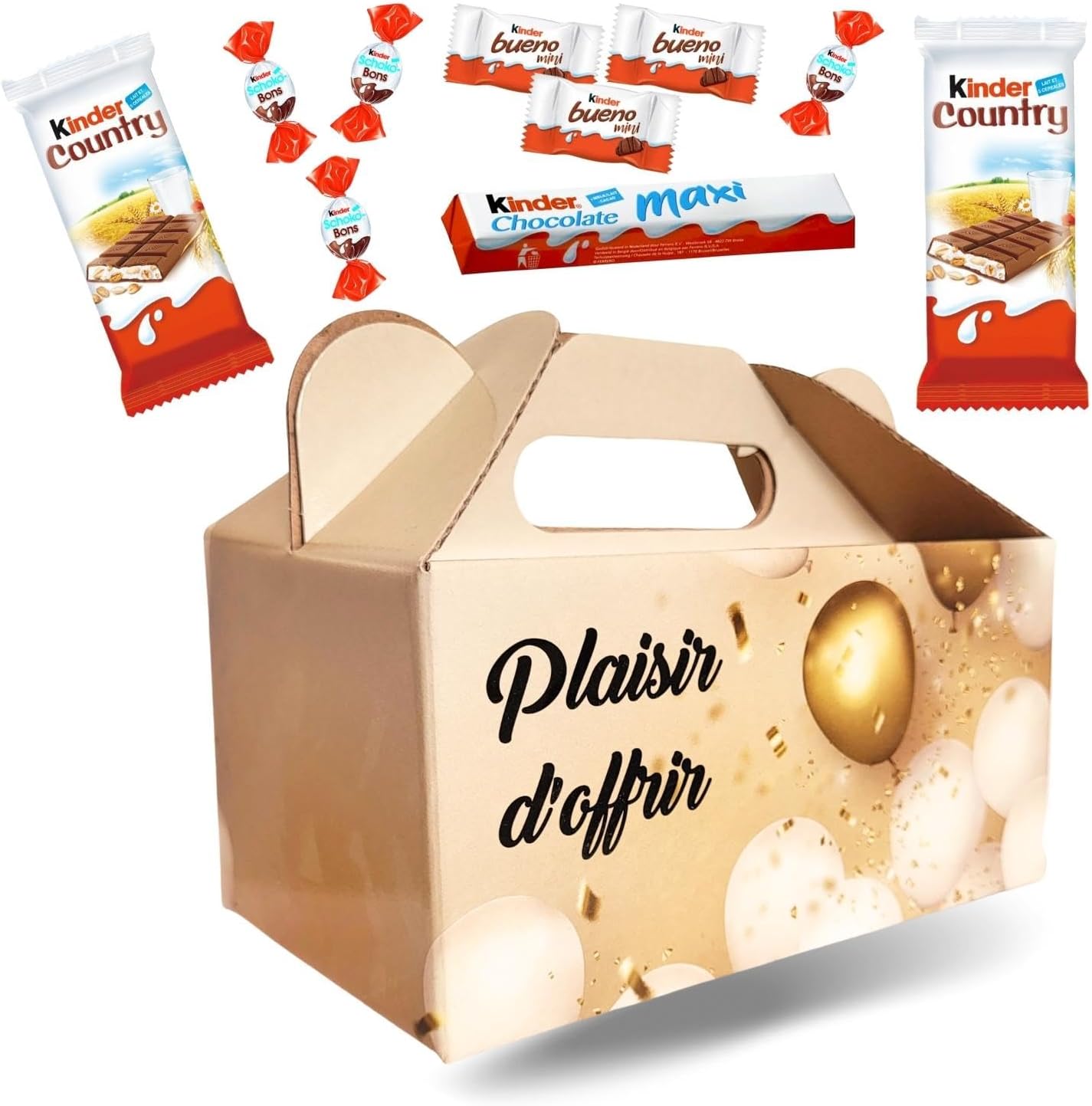 Ballotin Plaisir d'Offrir et son assortiment de 100 chocolats Kinder - Schokobons, Mini Bueno, barres Maxi et Country - COFFRET CADEAU pour Offrir à la Saint-Valentin, une Fête, un Anniversaire KINDER 1