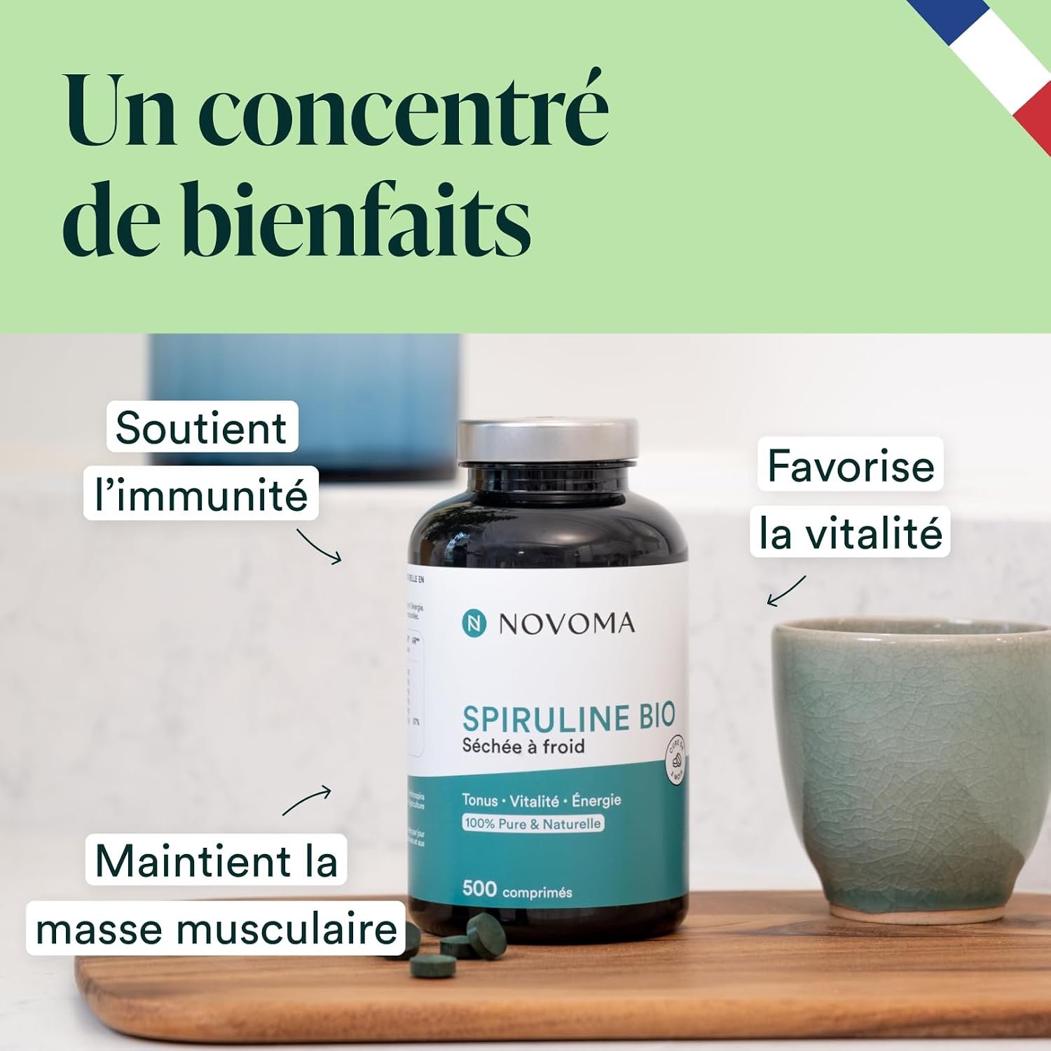 Spiruline Bio 500 mg - 19% de Phycocyanine, 500 Comprimés - 3 Mois 500 Comprimés - Blanc/Vert
