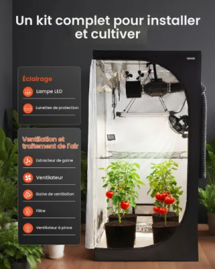 Chambre de Culture 100x100x200 cm Tente de Culture Kit Complet avec Éclairage LED Spectre Complet, Système Ventilation, Mylar 600D Hautement Réfléchissant, pour Plantes Intérieur Fleurs Légumes 1 000 x 1 000 x 2 000 mm