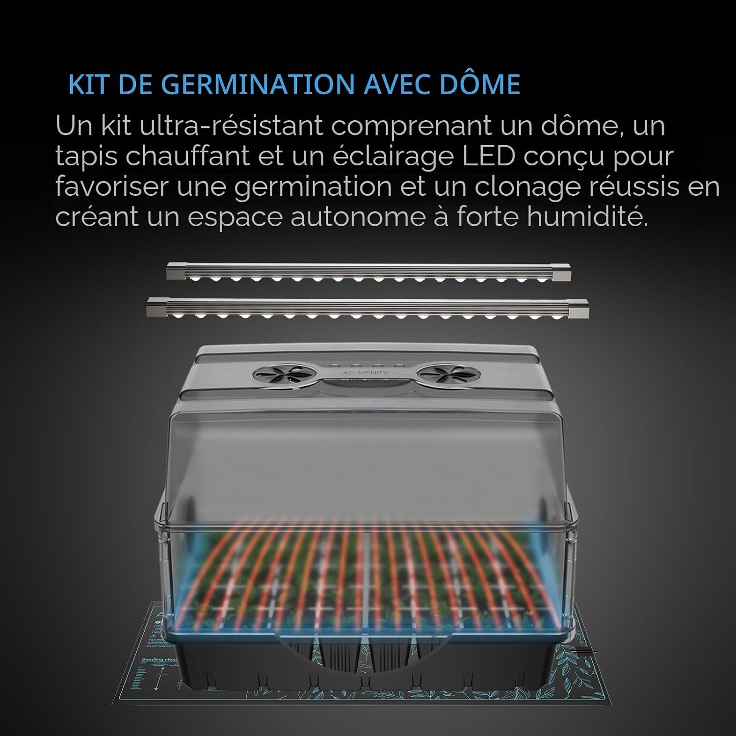 AC Infinity Serre à boutures, avec LED et Tapis Chauffant, 5 x 8 cm, dôme d'humidité avec LED Samsung LM301H Evo, Tapis de Germination étanche et Extensions de Hauteur ventilées Full Kit