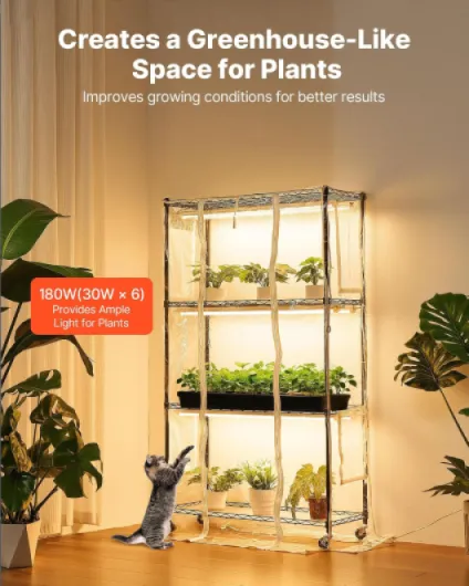 Serre Intérieur avec Lampe de Croissance, Support Plantes 4 Niveaux, 150 cm, 180 W, avec Housse Transparente, Minuterie, Hygromètre, Lampes Spectre Complet, Étagère Plantes pour Pots de Fleurs