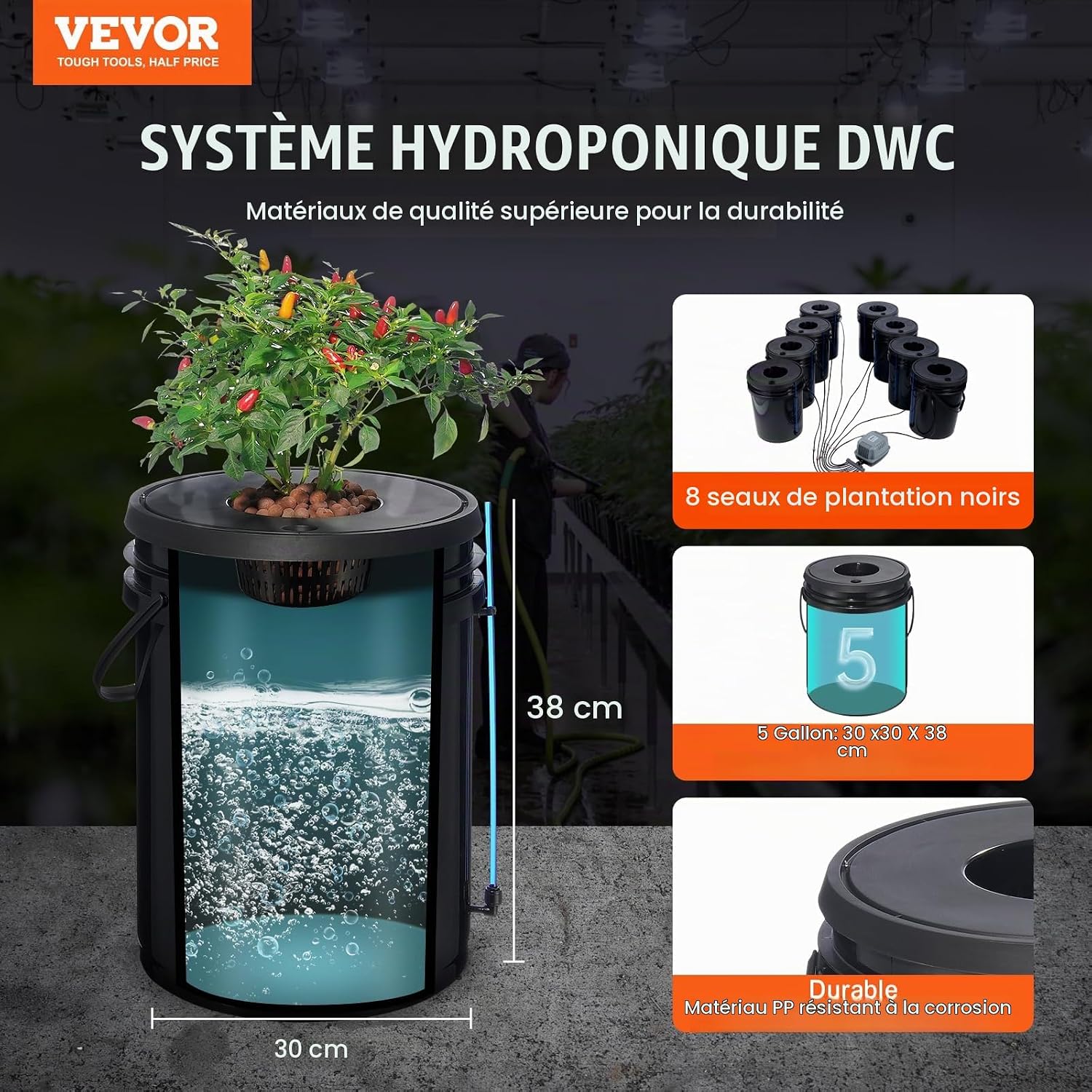 Système de Culture Hydroponique DWC, Kit de Culture en Eau Profonde 20 L 8 Seaux, avec Pompe à Air, Pierres à Air, Dispositif de Niveau d'eau, Système Hydroponique DWC pour Légumes à Feuilles
