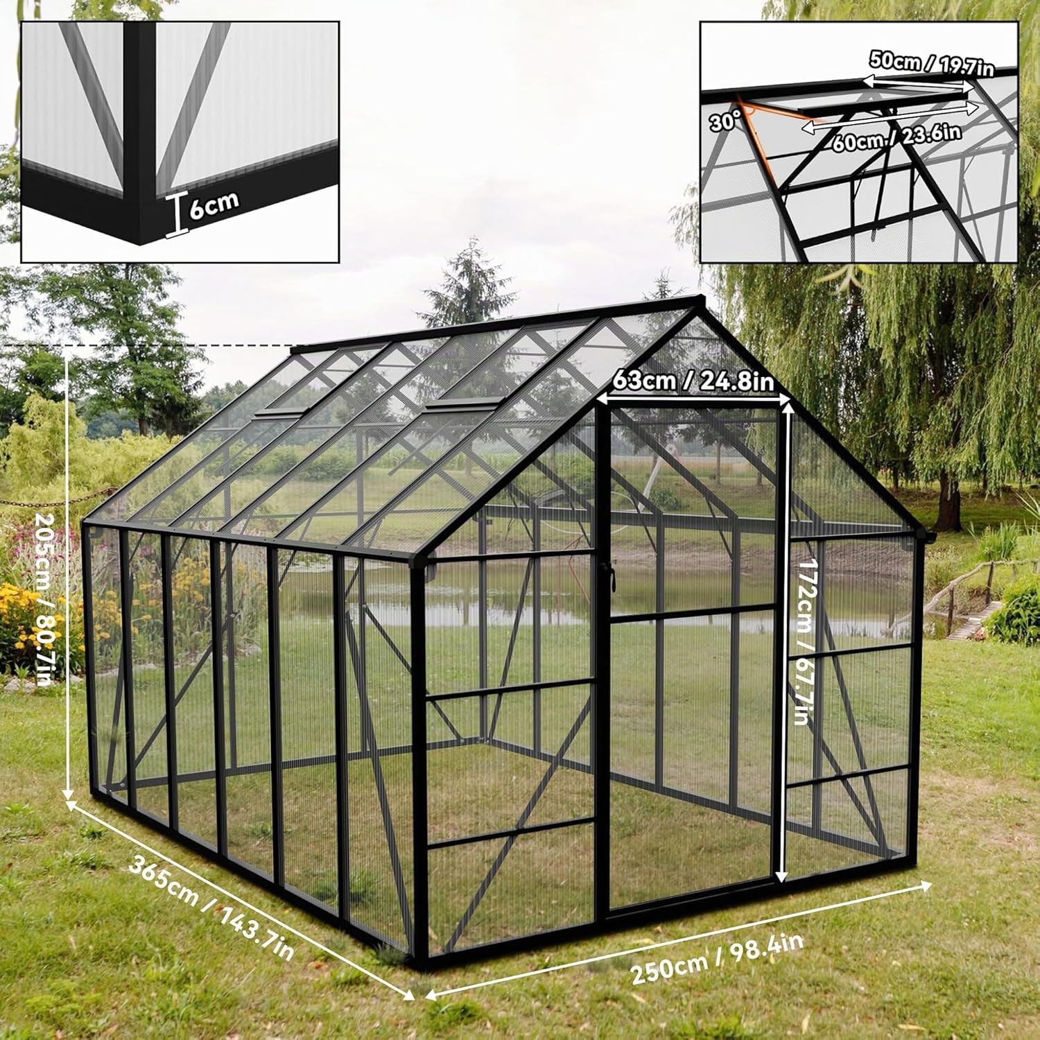 Serre en aluminium avec fondation 380 x 250 x 205 cm - Plaques creuses en polycarbonate de 4 mm - Résistant aux intempéries - Serre à tomates avec fenêtres - Pour jardin et élevage