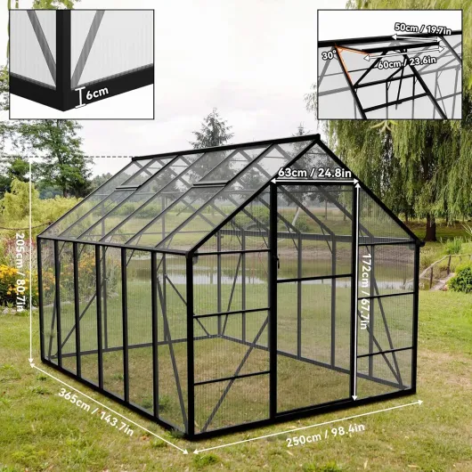 Serre en aluminium avec fondation 380 x 250 x 205 cm - Plaques creuses en polycarbonate de 4 mm - Résistant aux intempéries - Serre à tomates avec fenêtres - Pour jardin et élevage