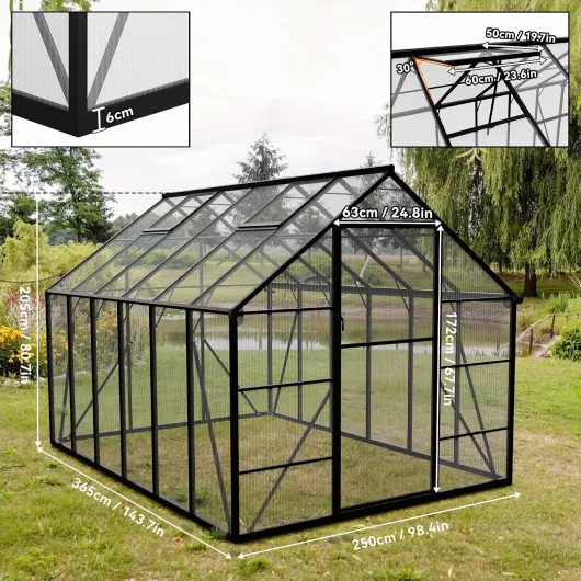 Aufun Serre Premium en Aluminium, 9,5 m² Serres de Jardin avec Fondement de 6 cm et Plaque de PC de 4 mm Serre pour Tomates, Abri de Jardin Résistant aux UV et aux Intempéries, 365x250x205 cm 8x12FT