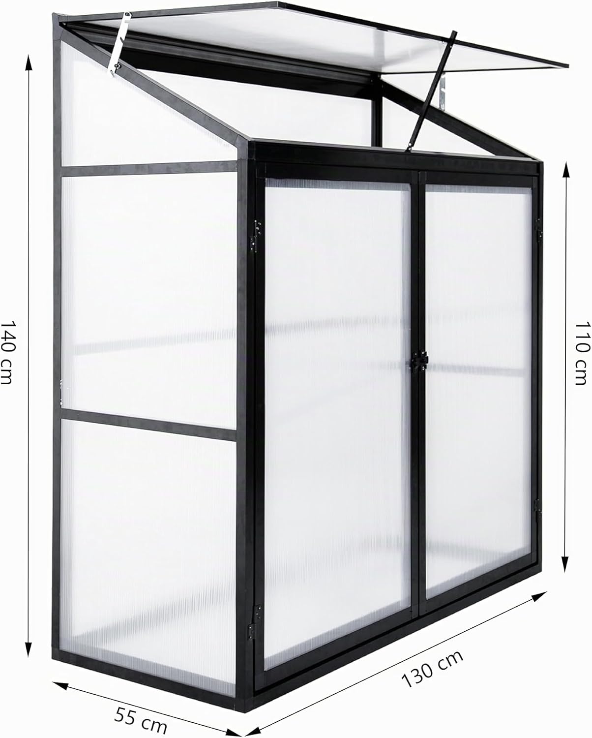 Serre adossée en aluminium - Petite serre à tomates - Double porte - 140 x 55 x 130 cm - Noir Double porte noire