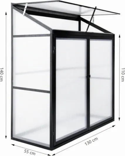 Serre adossée en aluminium - Petite serre à tomates - Double porte - 140 x 55 x 130 cm - Noir Double porte noire