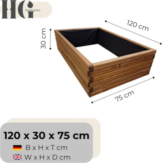 Carré Potager Surélevé en Bois 120 x 30 x 75 cm Imprégné Teck – Bac Potager Extérieur Rectangulaire, Jardinière Bois pour Légumes, Herbes, Fleurs, Fruits – Potager Jardin Terrasse Balcon 120x30x75 cm