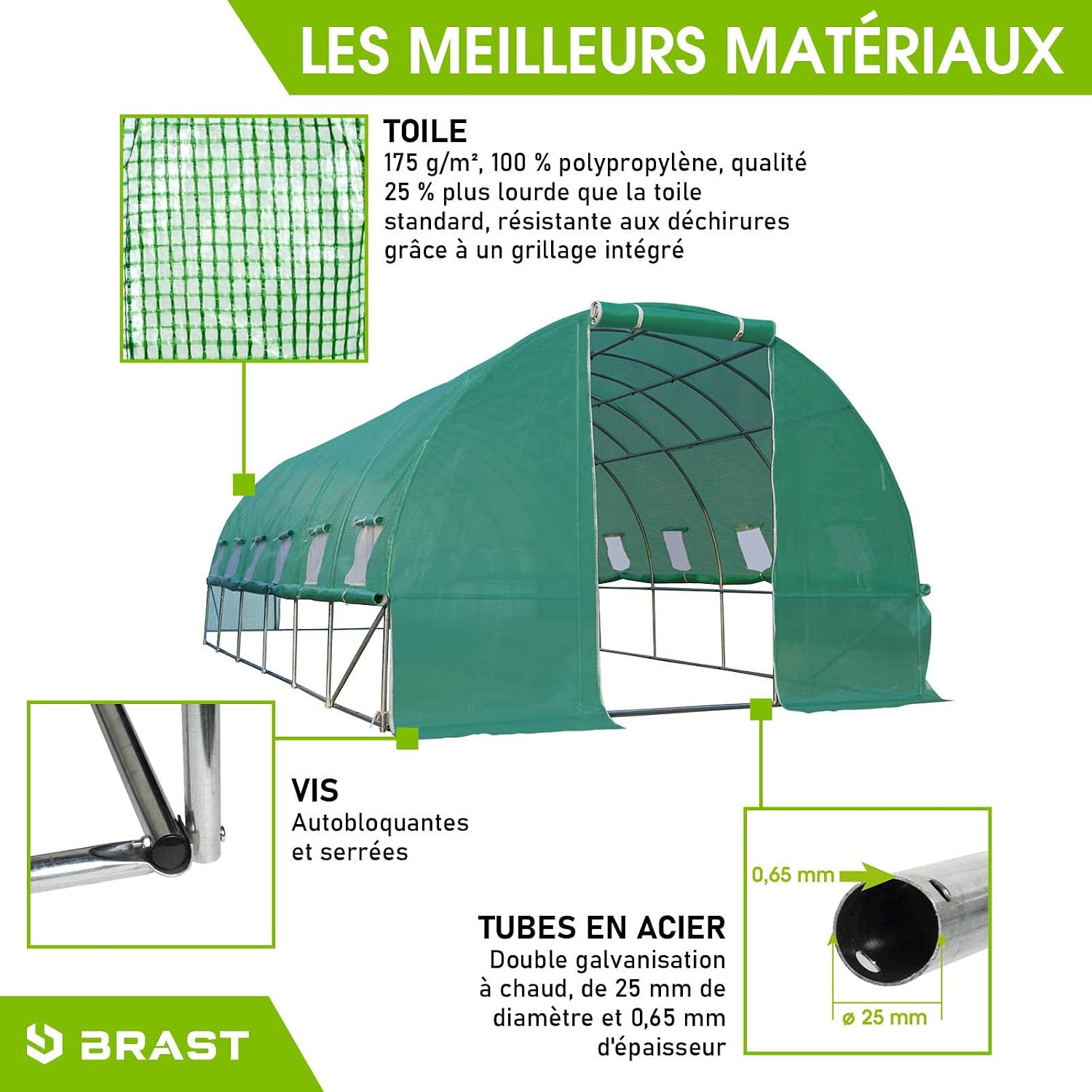 BRAST Serre de Jardin 18m2 (3x6), serre tunnel, parois enroulables- 4 tailles diff - - très stable: Tubes d’acier galvanisés et Film spéciale de 175g/m2, aération optimale, serre de jardin tunnel 3x6 - 18m² - parois enroulables