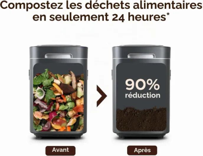 Composteur de Cuisine 14L - Reencle Prime Noir - sans Odeur, Silencieux, Automatique - Compost Organique en 24h-Solution zéro déchets