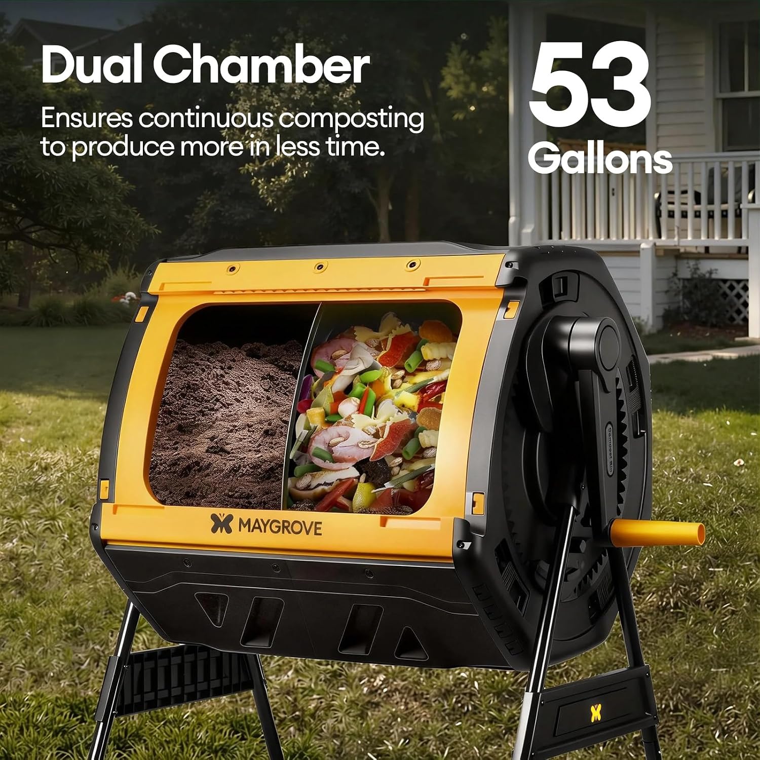 MAYGROVE Composteur 200L à 2 Compartiments Rotatif 360° Bac à Compost pour Jardin avec Portes Coulissantes Cadre en Acier Robuste