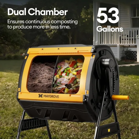 MAYGROVE Composteur 200L à 2 Compartiments Rotatif 360° Bac à Compost pour Jardin avec Portes Coulissantes Cadre en Acier Robuste