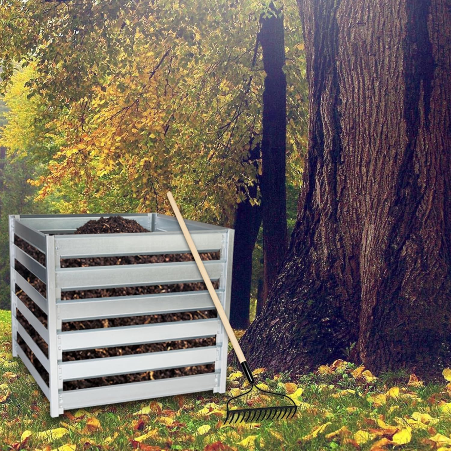 Composteur de Jardin Métal 704L TIMBELA M800 – Grand Composteur Extérieur en Acier Galvanisé 91 x 91 x H85 cm – Bac à Compost Stable et Résistant