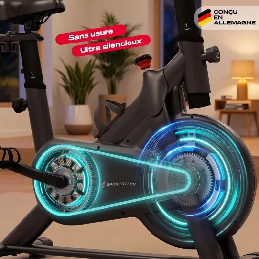 Vélo d'appartement Ergomètre SX175 – Fitness d'intérieur, résistance magnétique & appli, ultra-silencieux, Indoor Cycling Bike jusqu'à 120 kg, cardio à domicile, support tablette
