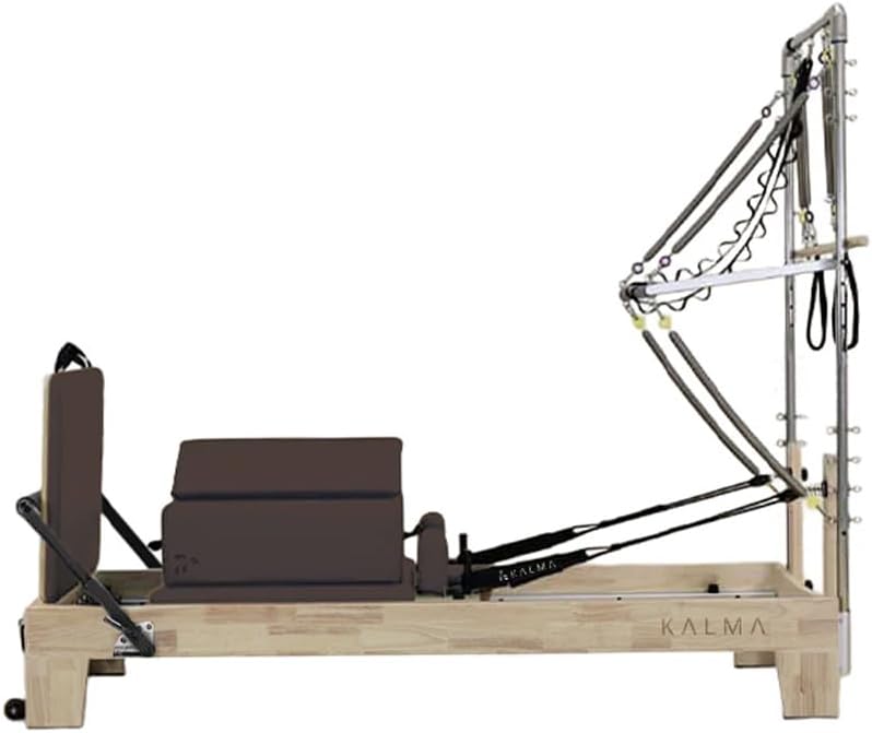 Reformer Pilates avec tour professionnelle KALMA en bois de chêne et acier inoxydable, machine Pilates complète avec jumpboard, poulies et système de 6 ressorts type piano Fitness Tech