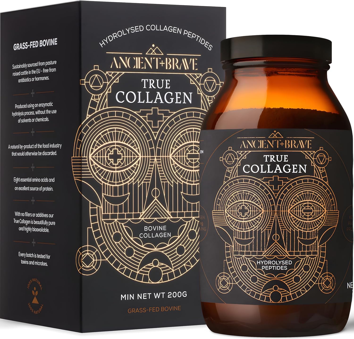Ancient + Brave True Collagen 200g - Collagène en poudre à base de bovins nourris à l'herbe - 100% de peptides de collagène hydrolysés (type 1) - Anti-âge, santé de la peau, des cheveux et des ongles