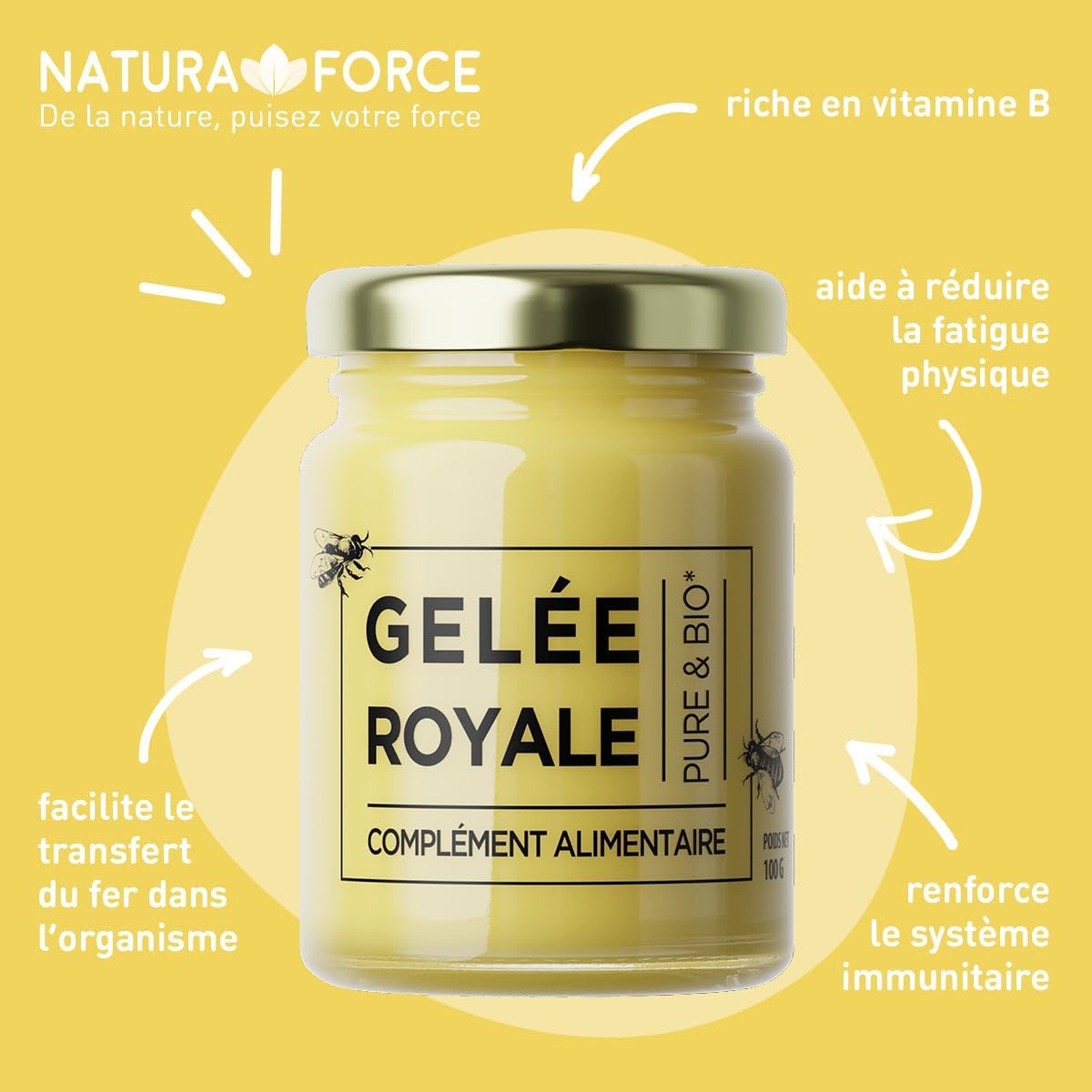 100g de Gelée Royale Bio - Gelée Royale 100% Pure - Complément Alimentaire Naturel & Bio - Énergie, Immunité et Vitalité - Riche en Vitamine B - Le pot - Lot de 1 300 g (Lot de 1)