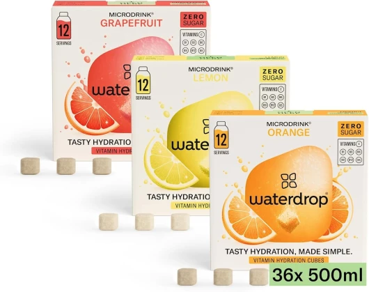 Coffret Microdrink waterdrop® -Orange, Citron et Pamplemousse-36 cubes effervescents sans sucre pour aromatiser l'eau- Extraits de fruits et de plantes, Eau Aromatisée, infusion à froid