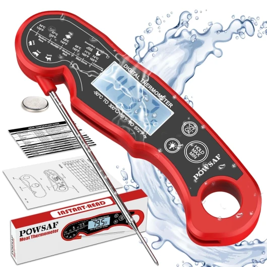 POWSAF Thermomètre Cuisine, Thermomètre de Cuisson Numérique, Thermomètre Culinaire, Avec Sonde Pliable Longue et Écran LCD, Pour Cuisine, Barbecue, Four et Grill, Rouge
