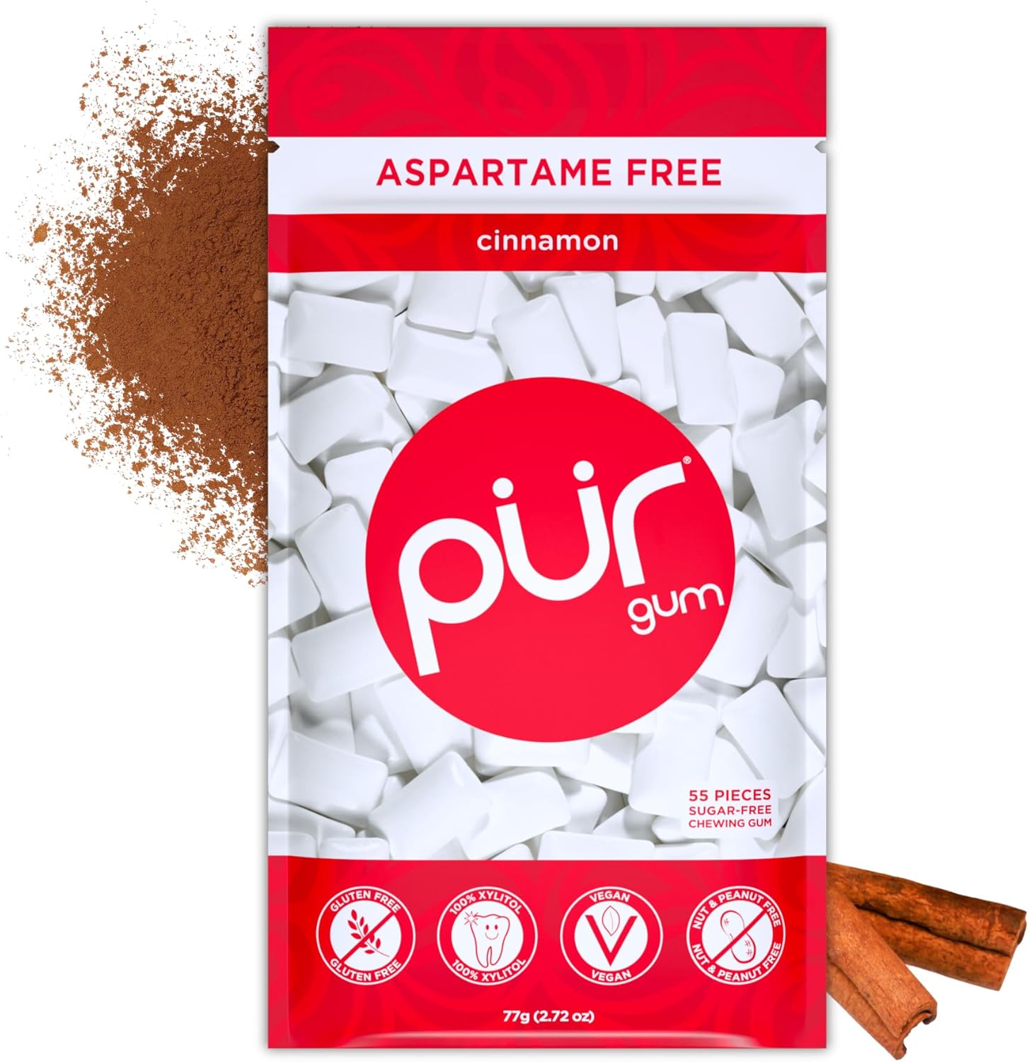 Chewing-Gum Sans Sucre - Au Xylitol - Végétalien, Sans Aspartame et Sans Gluten - Gum Naturel Au Goût De Cinnamon, 55 Pièces (Lot De 1)