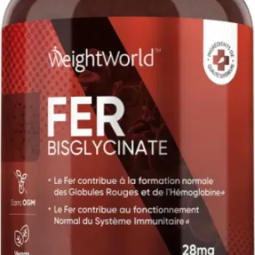 Avis Fer Bisglycinate WeightWorld 28 mg : un gros flacon vegan, pensé pour limiter les effets digestifs