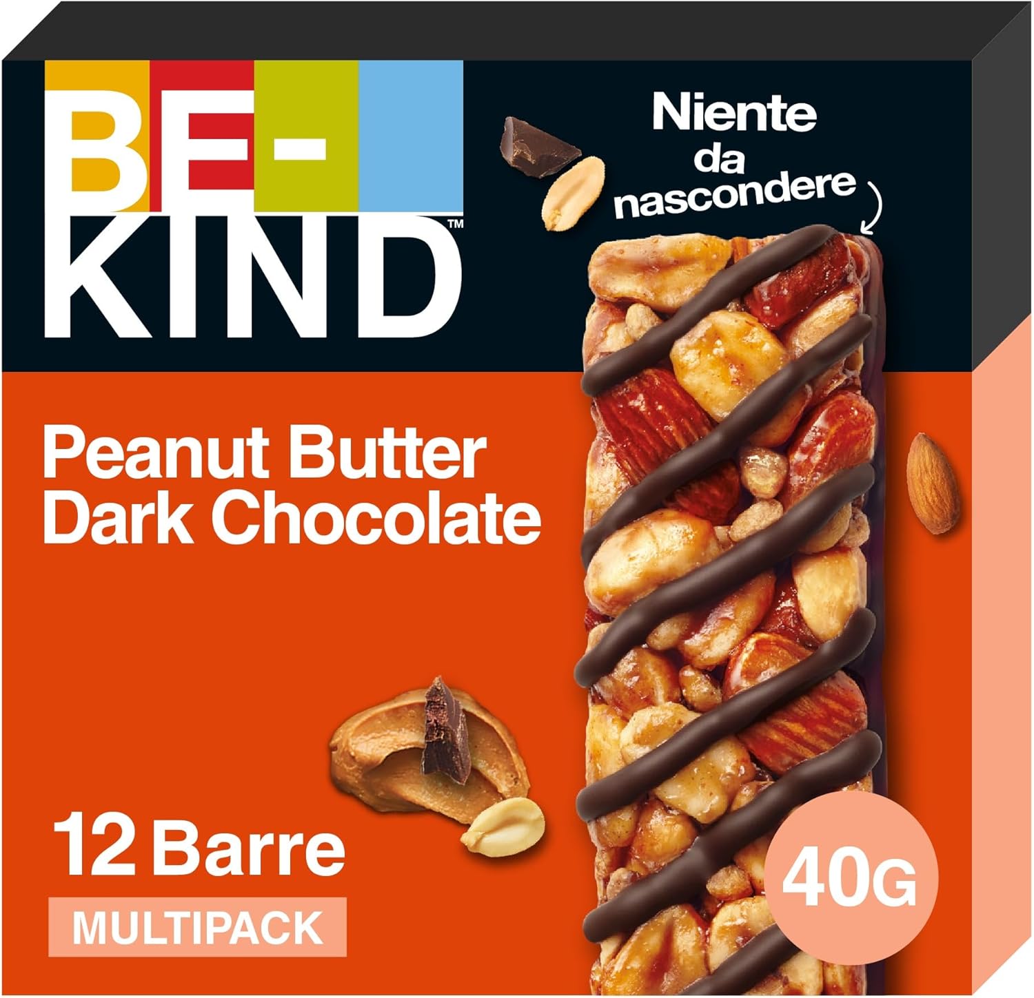 BE-KIND - Barres de céréales chocolat noir et beurre de cacahuètes - Grand format contenant 12 barres de 40g