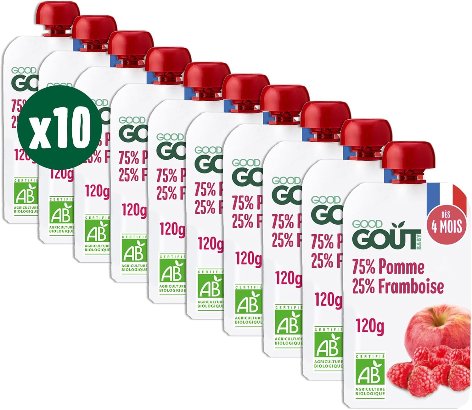 GOOD GOÛT - Gourdes Pomme Framboise - Purée Bébé - Dès 4 Mois - 75 % Pomme, 25 % Framboise - Sans Sucres Ajoutés - Fabriqué En France - 10x120g (L'emballage peut varier) Pomme Framboise 120 g (Lot de 10)