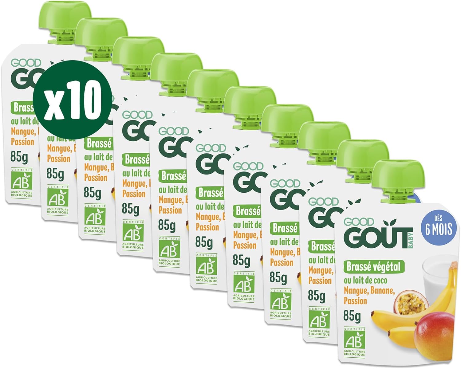 GOOD GOÛT - Brassé Végétal Au Lait De Coco - Dessert Bébé - Dès 6 Mois - Mangue, Banane, Passion - Sans Lactose Ni Protéines De Lait De Vache - Sans Sucres Ajoutés - Format Nomade - 10x85g