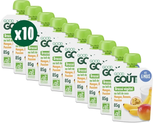 GOOD GOÛT - Brassé Végétal Au Lait De Coco - Dessert Bébé - Dès 6 Mois - Mangue, Banane, Passion - Sans Lactose Ni Protéines De Lait De Vache - Sans Sucres Ajoutés - Format Nomade - 10x85g