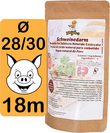 Boyau de Porc Naturel 28/30 - Comparable à celui des charcuteries - Résistant à la cuisson - Convient pour le fumage et le barbecue (28/30 18m) 18 m (Lot de 1)