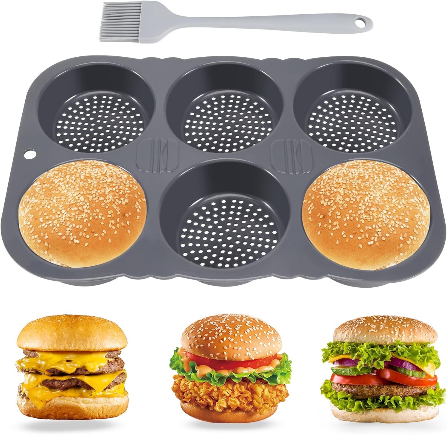CosyCaya Moule à Pain Hamburger, Moule pour Burger Bun en Silicone Rond 10 cm Ø - Pour Pain, Pains à Hamburgers et Muffins XXL – incl - Brosse à en Silicone, Outils de Cuisson de Cuisine