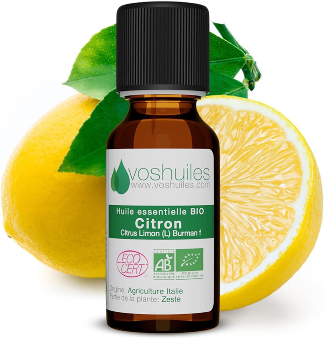 Voshuiles - Huile Essentielle Citron Bio 125ml - Parfum Frais d'Agrumes - Fortifiante et Purifiante - Huiles Essentielles de Qualité - 100% Pure et Naturelle - HEBBD et Certifiée ECOCERT