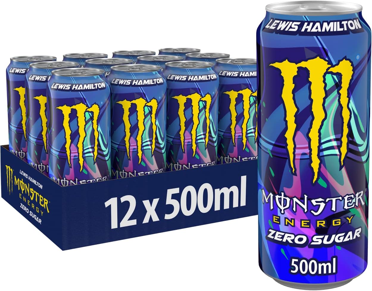 Monster Energy Lewis Hamilton Zero Boisson énergisante contenant de la caféine au goût rafraîchissant de la pêche, sans sucre et sans calories, dans des canettes jetables pratiques (12 x 500 ml)