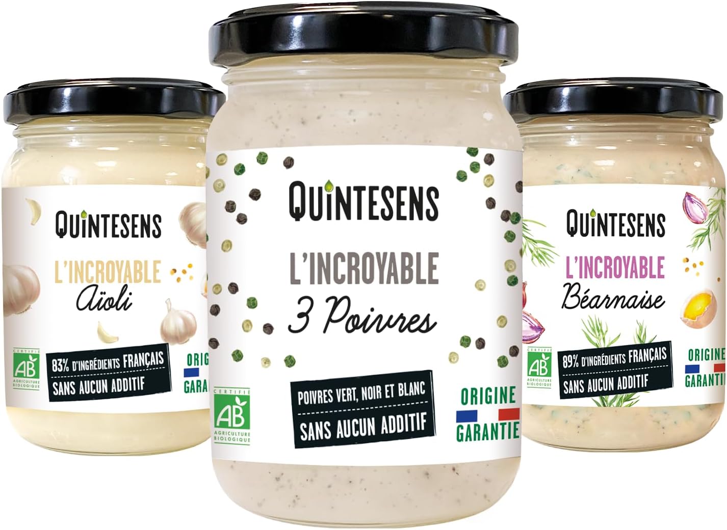 Lot 3 Sauces Gourmet - 1 Sauce Aïoli, 1 Sauce Béarnaise & 1 Sauce 3 Poivres - Saveurs Gourmandes & Saines - Production Française & Biologique
