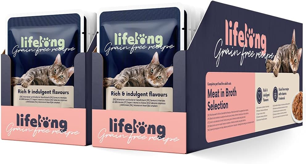 Marque Amazon - Lifelong Aliments Humides à vie Sans Céréales Pour Chats, Selection de Viande en Bouillon 4.76kg, 56 lot de 85g