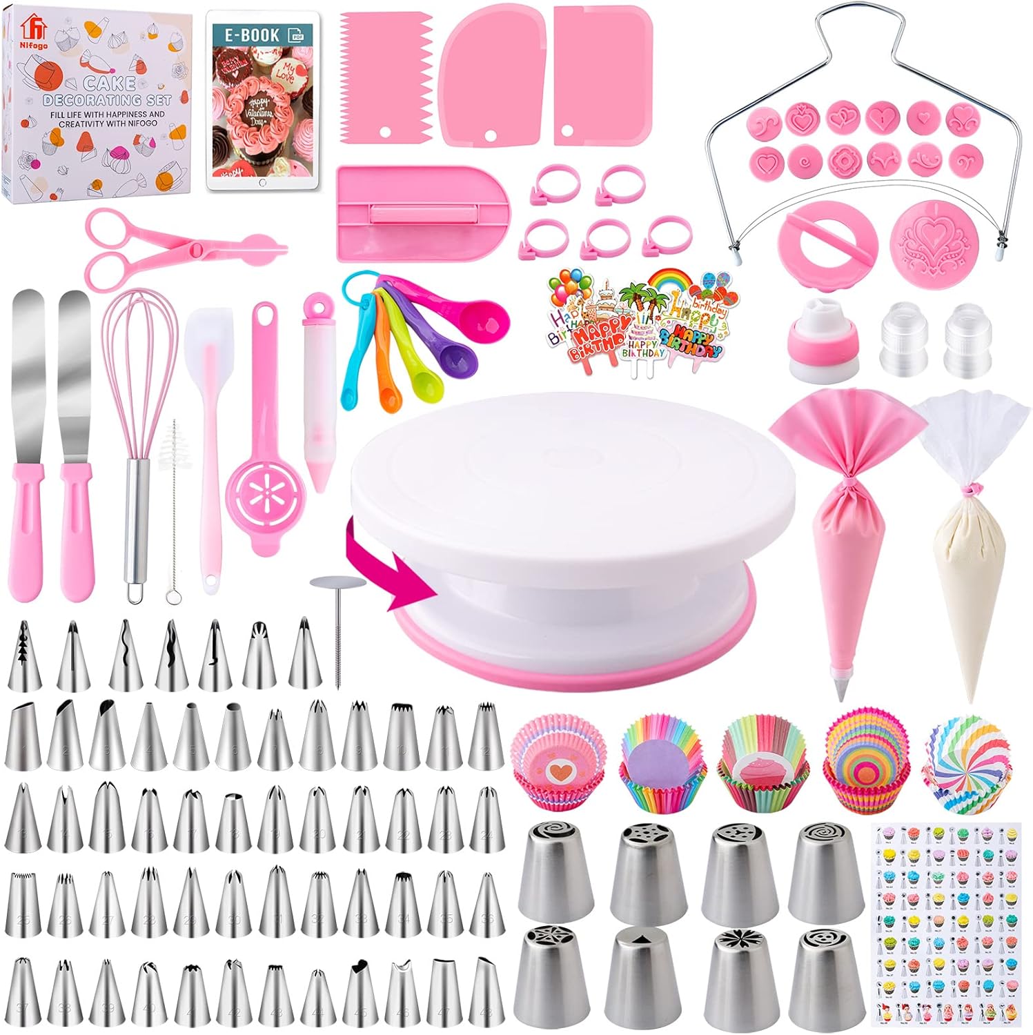 Kit Patisserie Douille 356pcs, Nifogo Accessoire, Ustensiles à Pâtisserie Inclure Plateau Tournant, Poche a Douille, Decoration Gateau Anniversaire