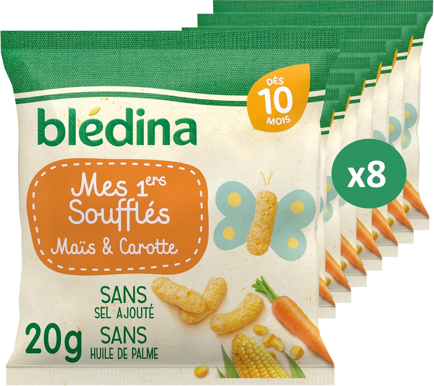 BLÉDINA - Mes 1ers Soufflés - Maïs et Carotte - Sans Gluten et sans Sel Ajouté - dès 10 Mois - 8 x 20 g Maïs & Carotte