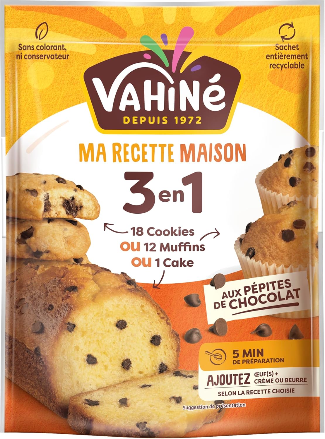 VAHINÉ - Préparation 3 en 1 aux pépites de chocolat, Préparation pour muffins, cookies et cake aux pépites de chocolat noir 300 g
