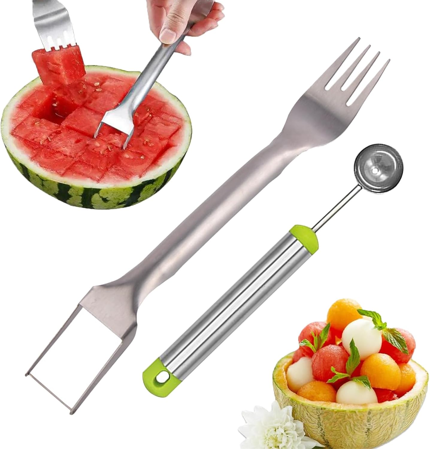 2-en-1 Fourchette à Pastèque Trancheuse Fourchettes à Fruits, Boules de Coupe de Melon en Acier Inoxydable, Outil de Sculpture de Fruits, Coupe Pasteque Couteau, Cuillère à Pomme, Crème Glacée