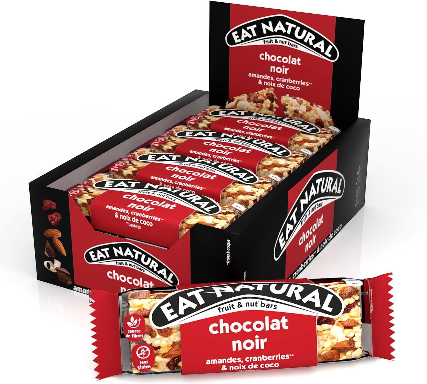 EAT NATURAL - Barres sans gluten - Cranberries, amandes, noix de coco et chocolat noir - 12 barres de 40g