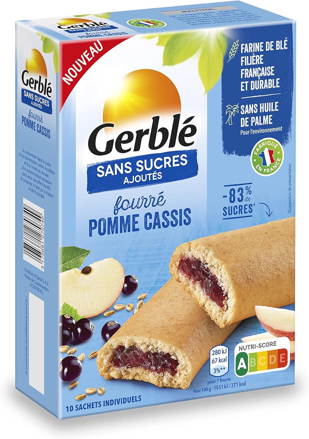 Sans Sucres Ajoutés - Biscuits Fourrés Pomme Cassis - Au Maltitol - Impact Réduit Sur la Glycémie - Sans Huile de Palme - 10 Sachets Individuels - 1 Boîte 180 g 12 g (Lot de 1) Pomme-Cassis