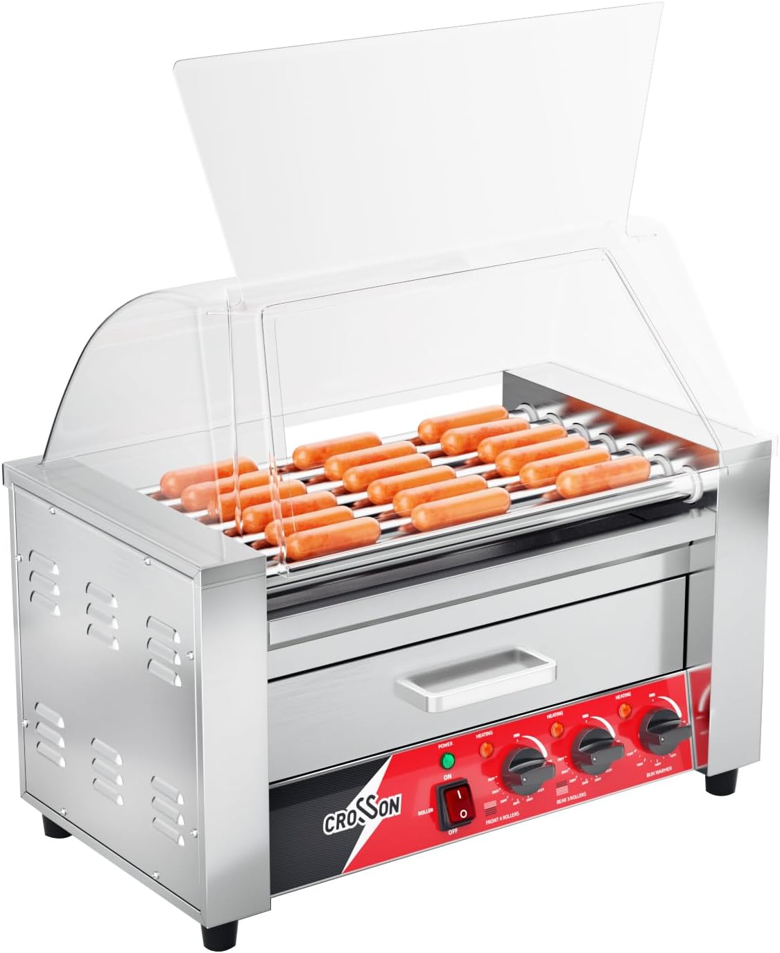 CROSSON Hot Dog Cuisinière à 7 rouleaux avec chauffe-viennoiseries, couvercle transparent, 7 rouleaux antiadhésifs 304SS et commande à double température