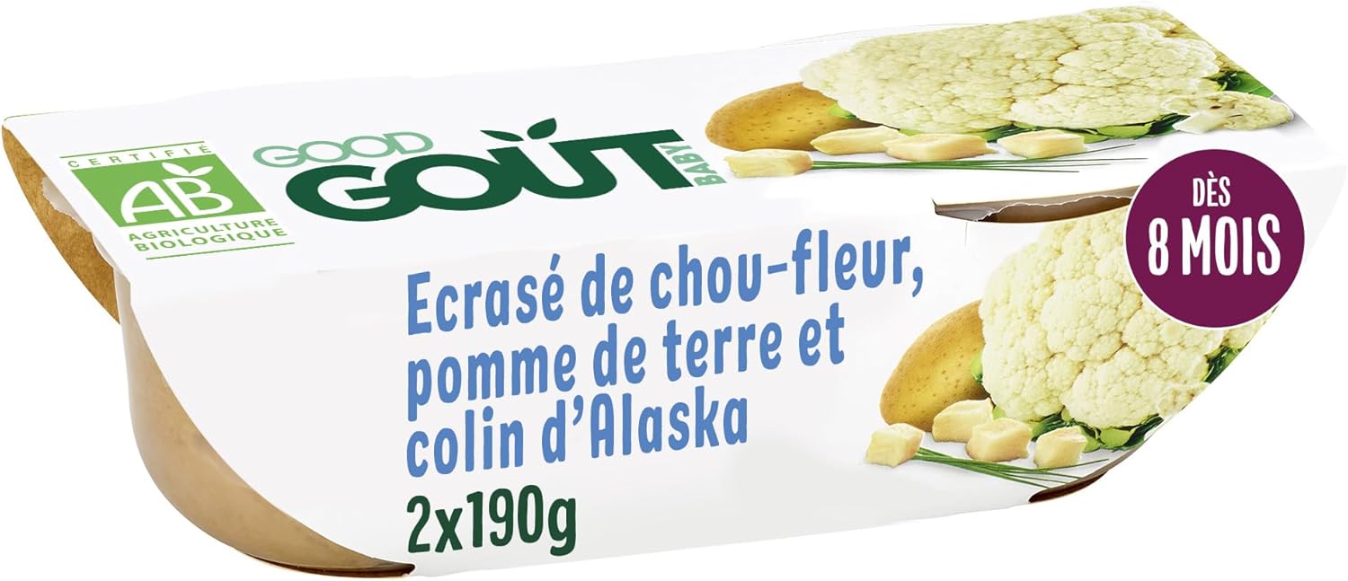 GOOD GOÛT - Écrasé De Chou-Fleur, Pomme De Terre Et Colin D'Alaska - Plat Cuisiné Pour Bébé - Dès 8 Mois - Purée Moulinée - Bols Micro-Ondables - 2x190g (L'emballage peut varier) chou fleur colin 190 g (Lot de 2)