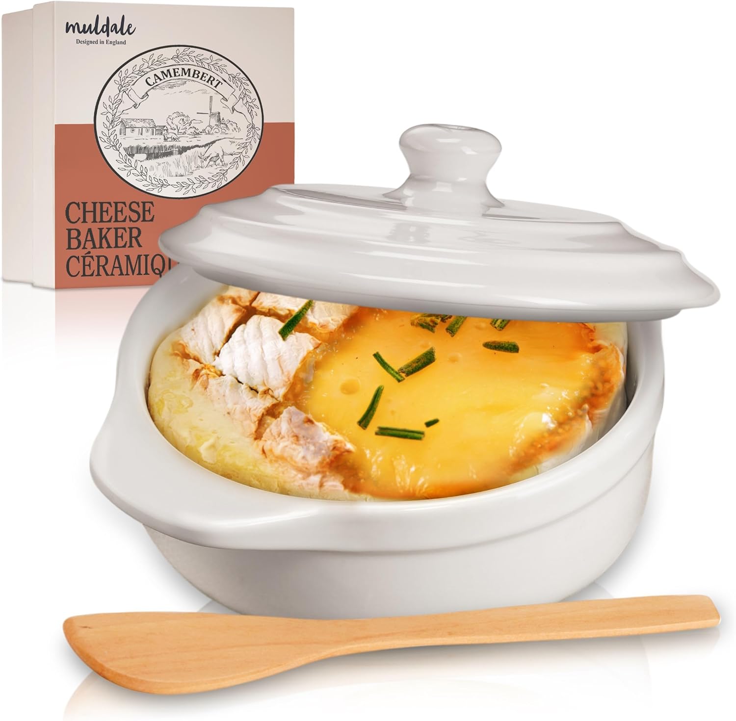 Plat de cuisson à camembert avec couvercle – Baker à fromage camembert en blanc – Plat de cuisson brie – Baker à camembert en céramique – 14 cm – avec épandeur et boîte