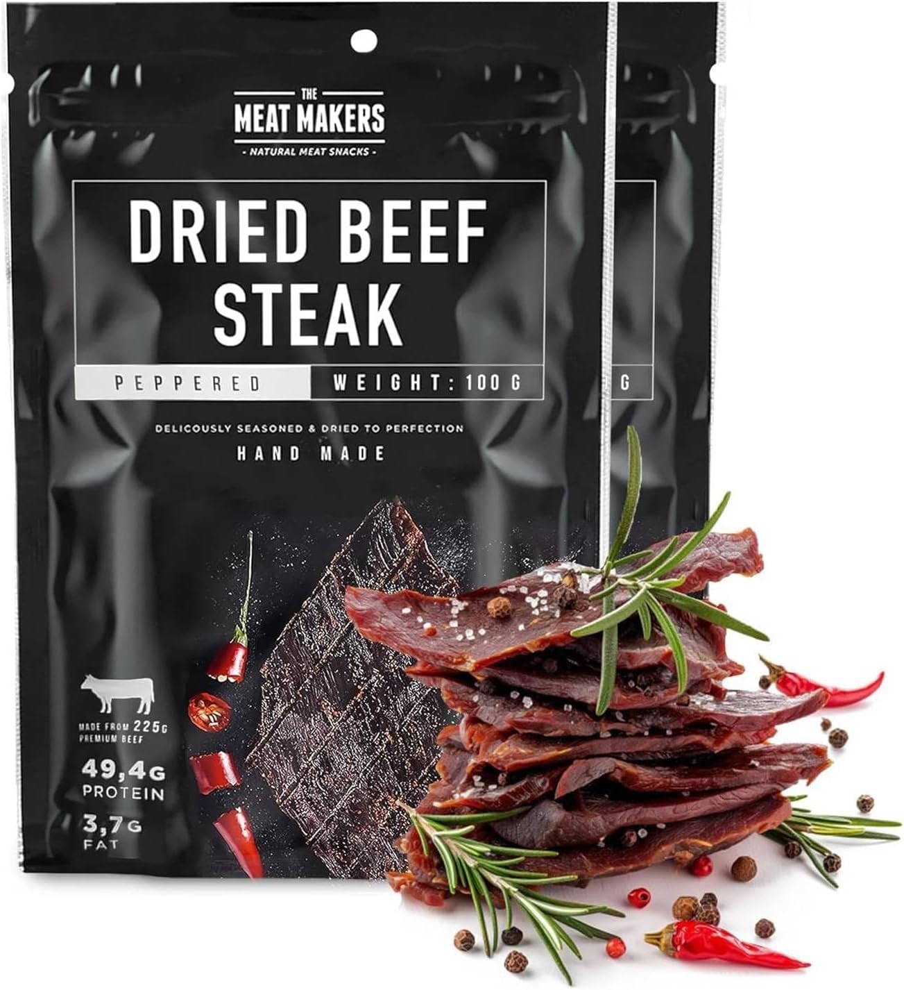 Peppered Dried Beef Jerky Steak 200g - viande séchée de bœuf séché peppered steak séché de bœuf séché pour les personnes collation à la viande séchée 2 - Peppered 200 g (Lot de 1)
