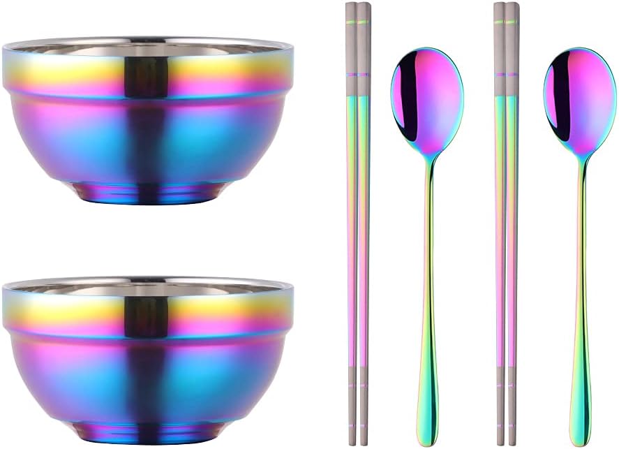 Lot de 6 bols à céréales 500 ml, en acier inoxydable, 2 bols à soupe double couche, 2 cuillères et 2 paires de baguettes, passe au lave-vaisselle – Multicolore