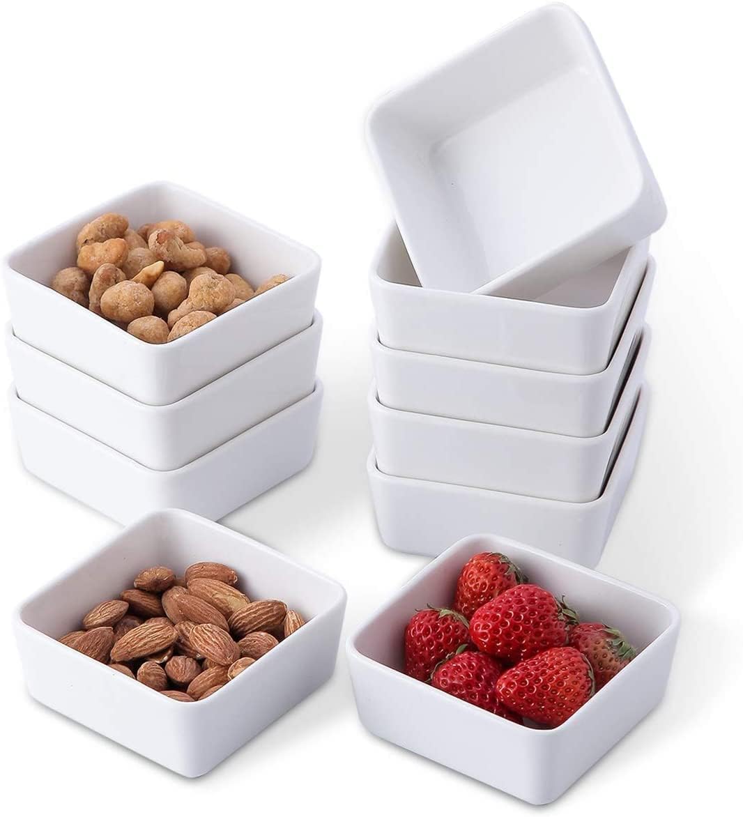 HirrWill Lot de 10 petits ramequins carrés en porcelaine blanche de 170,1 g, 8,9 cm, pour la cuisson, les desserts, les apéritifs, les sauces, le soufflet, la crème brûlée, les confitures