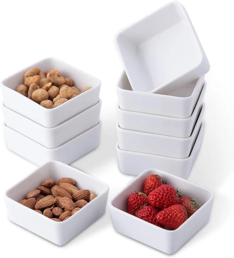 HirrWill Lot de 10 petits ramequins carrés en porcelaine blanche de 170,1 g, 8,9 cm, pour la cuisson, les desserts, les apéritifs, les sauces, le soufflet, la crème brûlée, les confitures